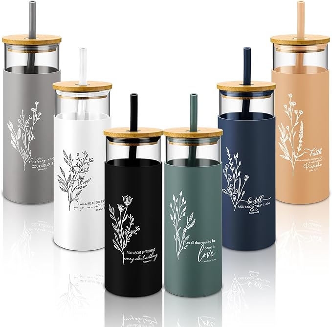 Inspirational Gifts Bulk 16 oz Glass Cups Aesthetic Can Shaped Coffee Cups with Bamboo Lid Straw Employee Appreciation Gifts for Women Teacher Nurse Office Business Favor(Christian)
