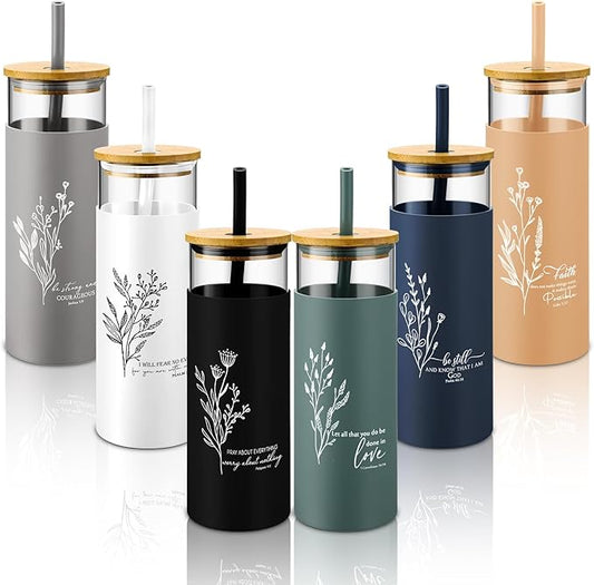 Inspirational Gifts Bulk 16 oz Glass Cups Aesthetic Can Shaped Coffee Cups with Bamboo Lid Straw Employee Appreciation Gifts for Women Teacher Nurse Office Business Favor(Christian)
