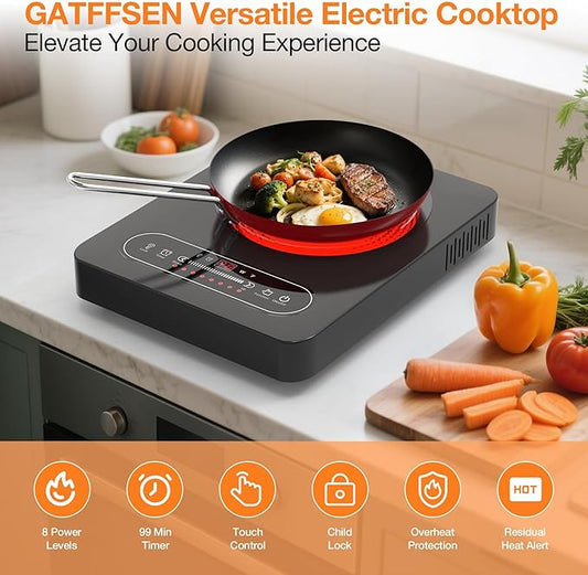 Electric Cooktop, Portable Electric Stove with LED Touch Control 8 Power Level, 1800W Induction Burner Hot Plate with Child Safety Lock, Timer and Overheat protection for Home Camping