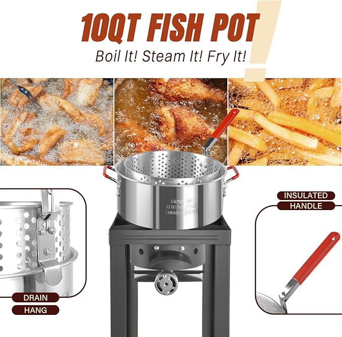 Hidpriva 30QT Turkey Fryer & 10QT Fish Fryer Kit, Waterproof Cover & 12-inch Skimmer, 55,000BTU Propane Burner Stove, Aluminum Turkey Fryer Pot, Outdoor Deep Fryer, Crawfish Boiler with Basket