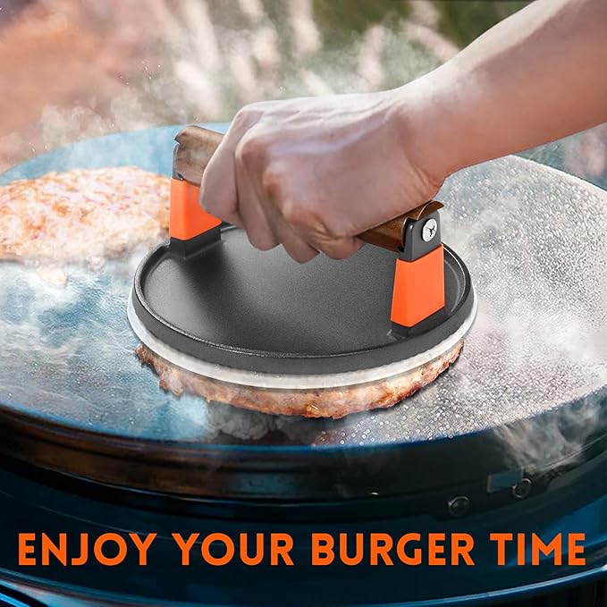 GGC Smash Burger Press, Cast Iron Bacon Press for Hamburger, Steak, Bacon, Sandwiches, 7" Round Meat Press with Wooden Handle for Grill and Griddle Cooking(10Pcs Patty Paper)