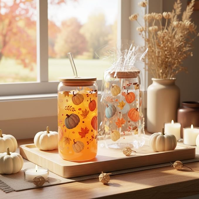 Sliner 2 Pcs Thanksgiving Glass Cups Pumpkin Maple Leaves Drinking Tumbler Fall Gifts 16 oz Iced Coffee Cup with Lid Straw Cleaning Brush for Autumn Home Office Holiday Decorations