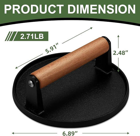 EWFEN Cast Iron Smash Bacon Press Meat Steak with Wood Handle, Burger Press(Round with Flat Bottom)