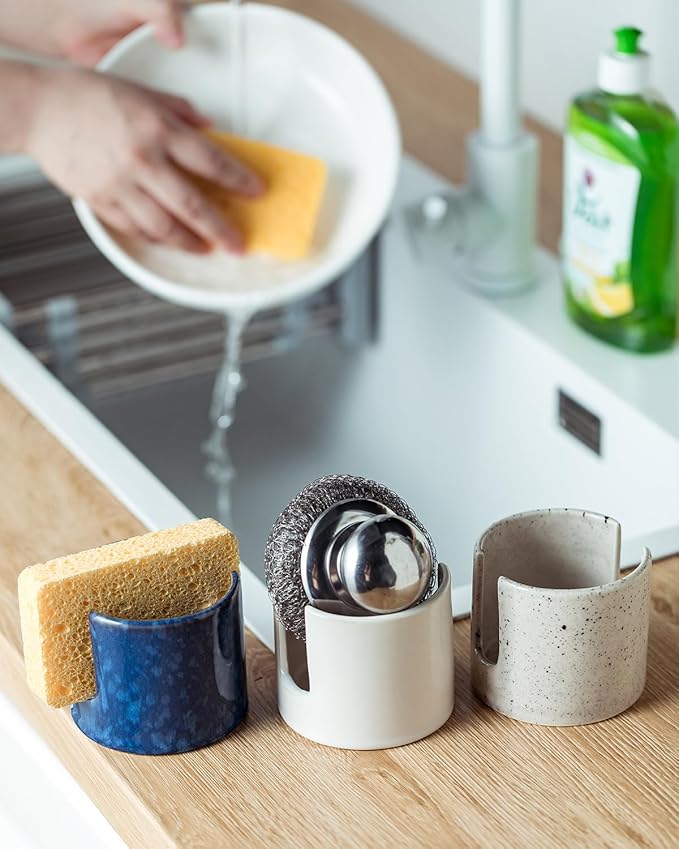 Kitchen Sponge Holder, Ceramic Sponge Organizer Scrubby Holder Dish Rack for Kitchen and Bathroom, Farmhouse Decor, Blue