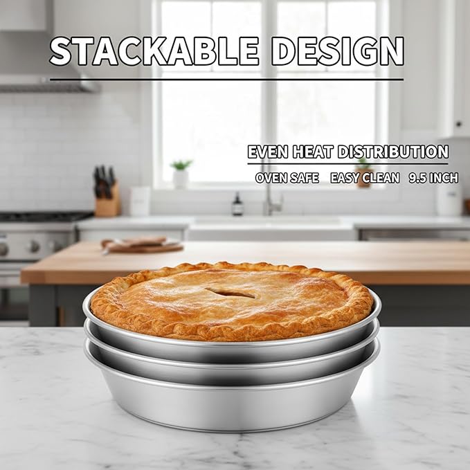 Uanqfegy Stackable Stainless Steel Pie Baking Dishes, 3Pcs Oven Safe Pie Pans for Baking, Kitchen Cookware Set, 9.5 Inch