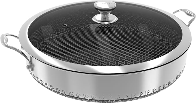 CATHYLIN 316L Stainless Steel 7QT Saute Pan Hexagon Nonstick Wok with Lid, Two Handle to Hold, PFOA Free, Dishwasher Oven Safe (12.5 inches,7QT)