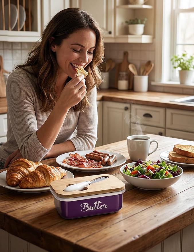 Butter Dish, Butter Dish with Lid for Countertop,Metal Butter Keeper with Stainless Steel Multipurpose Butter Knife, Large Butter Container with quality Silicone Good Kitchen Gift,Purple