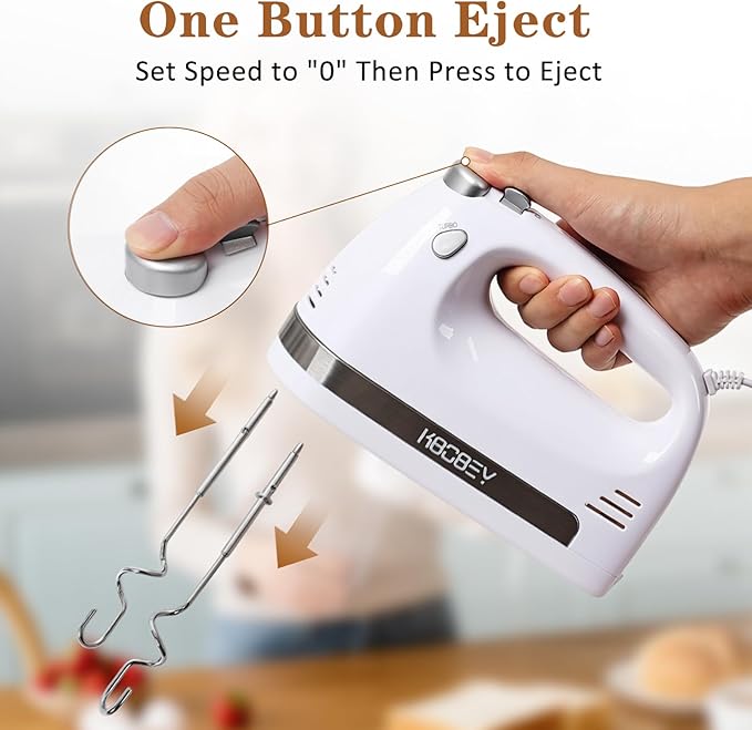 KBOBEY 450W Electric Hand Mixer, 5-Speed Handheld Mixer with Storage Case, Turbo & Eject Button, Includes 2 Beaters & 2 Dough Hooks for Baking, Cake, Egg, Cream (White)