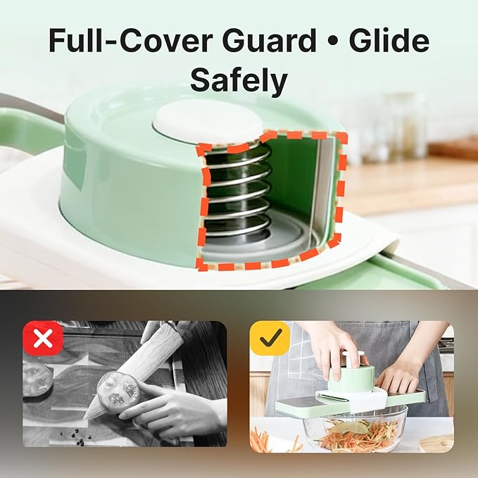 Stainless Steel Mandoline Slicer for Kitchen, 6-in-1 Vegetable Slicer with 360° Full-Cover Safety Guard, Adjustable Food Cutter for Potato, Carrot & Salad Prep, Space-Saving Design (Mint Green)