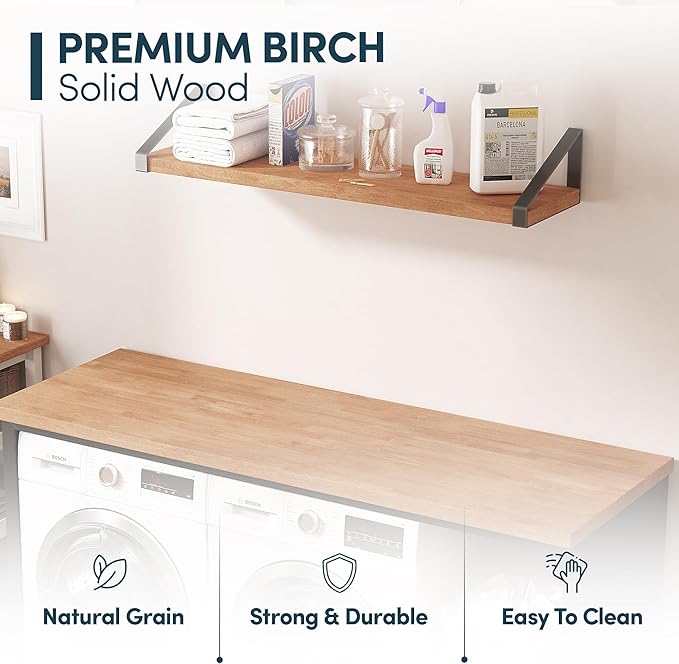 48''L x 25''W x 1.5''Th Birch Solid Wood Butcher Block Countertop, Butcher Block Table Top for DIY Washer Dryer/Island/Kitchen Countertop (Unfinished)