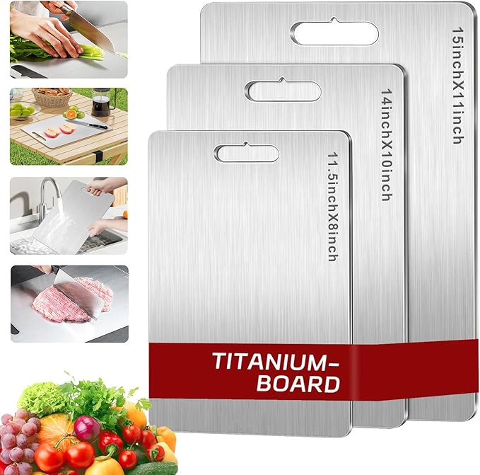 Titanium Cutting Board Set of 3, 3 Pcs 100% Pure Titanium Cutting Boards for Kitchen, Double Sided Non Toxic Chopping Cutting Boards for Cutting Meats, Fruits And Vegetables (S+ M + L)