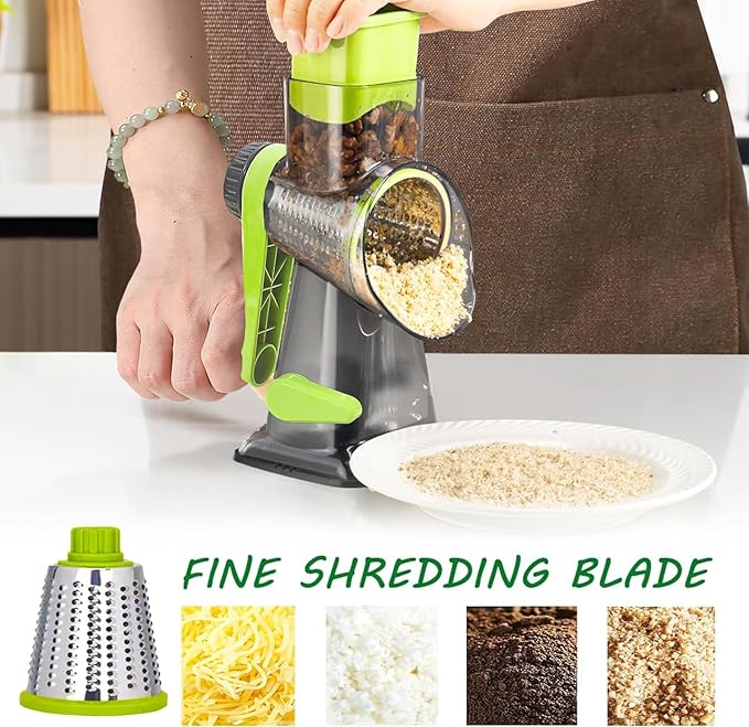Cheese Grater Rotary Cheese Grater,Versatile Cheese Shredder,Blades for Shredding, Grating, Slicing,Cheese Shredder with Suction Base and Cleaning Brush Kitchen Gift (green)