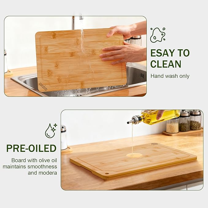 Bamboo Cutting Boards for Kitchen, Large Wood Cutting Board with Juice Grooves & Built-in Handles, Easy Storage & Clean Chopping Board for Meat, Vegetables, Fruit