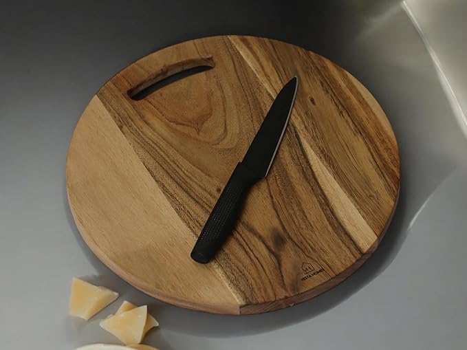 Vesta Homes Wooden Round Cutting Board | 12 * 12 Inches | Chopping Board/Serving Platter for Pizza, Vegetables, Fruits, Cheese and Charcuterie | Natural Acacia Wood | Handcrafted in India