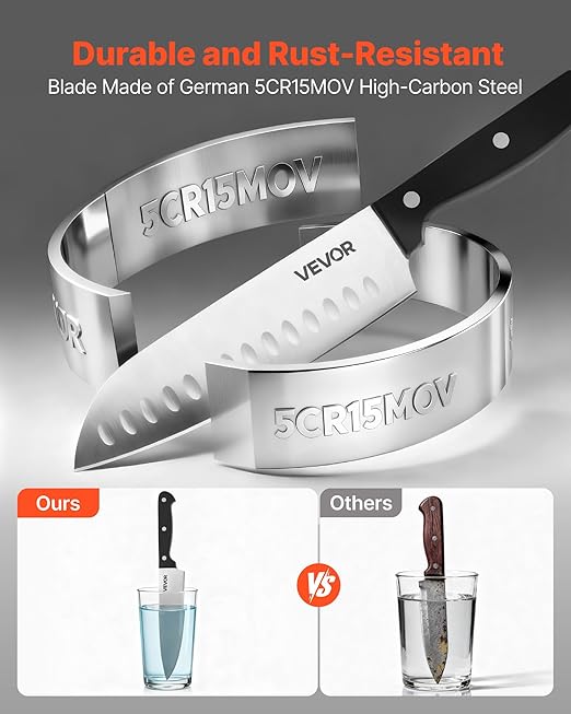 VEVOR Kitchen Knife Set with Block and Sharpener, 15 Piece German High Carbon Stainless Steel Knife Set, Kitchen Cutlery with ABS Ergonomic Handle, Sharpening Rod and Wooden Block, for Home Cooks