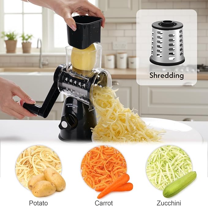 JIUMEXES Rotary Cheese Grater Hand Crank with 3-in-1 Blades - Fast, Safe & Effortless Grating, Perfect for Cheese, Vegetables & Chocolate, BPA-Free with Steel Drums,Black