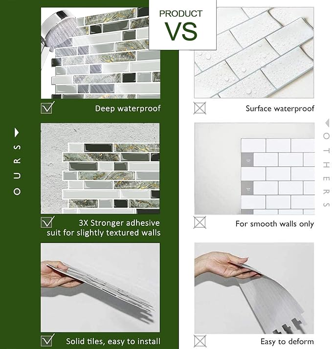 STICKGOO Thicker Design Peel and Stick Tile Backsplash, 12”×12”Stick on Backsplash for Kitchen, Self Adhesive Tile for Kitchen Backsplash and Bathroom(10 Sheets, Mixed Green)
