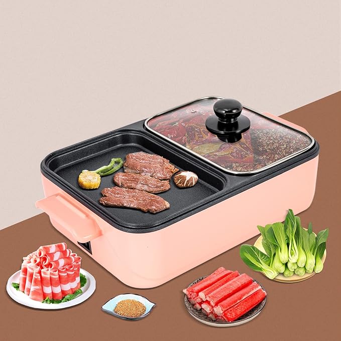 Small Electric Hot Pot with Grill, Pink 2 in 1 Indoor Non-Stick Electric Hot Pot and Griddle for BBQ, Steaks, Independent Dual Temperature Control, 14.96 * 8.66 * 3.94 inch