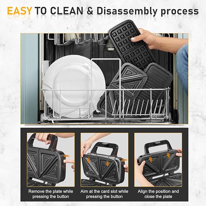 3-in-1 Belgian Waffle Maker 1200W, Breakfast Sandwich Maker & Waffle Iron with Removable Nonstick Plates, 5-Gear Temperature Control, Cool Touch Handle, Easy to Clean for Family Breakfast