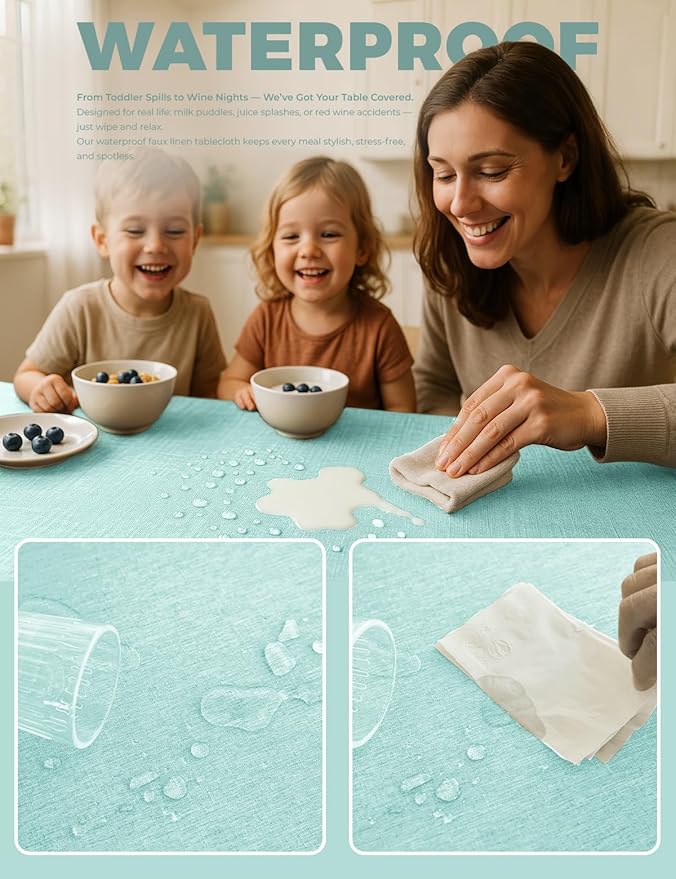 Faux Linen Small Rectangle Tablecloth for Kitchen Dining Room,Outdoor Coffee Wrinkle-Free Washable Table Cloth Covers for Wedding, Picnics, Party(Oblong, 60 x 84 Inch (6-8 Seats), Aqua)