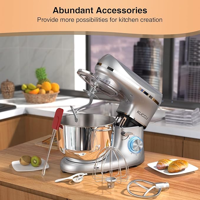 KUCCU Stand Mixer, 6.5 Qt 660W, 6-Speed Tilt-Head Food Dough Mixer, Kitchen Electric Mixer with Stainless Steel Bowl,Dough Hook,Whisk, Beater, Egg white separator (6.5-QT, Silver)