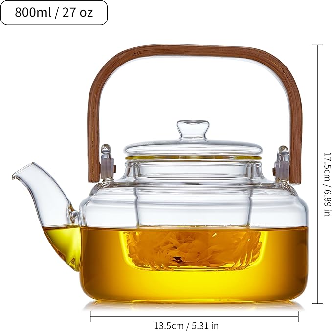 Glass Tea Pot with Infuser and Lid 800ML/27 FL OZ, Heat Resistant Borosilicate Glass Tea Kettle for Blooming and Loose Leaf Tea, Stovetop Safe