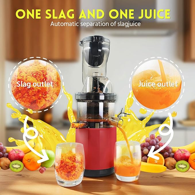 Cold Press Juicer Machines Slow Masticating High yield Pulp separation Can make fruit ice cream Multi-Functional for Home Commercial Use Wide Feed Chute (red)