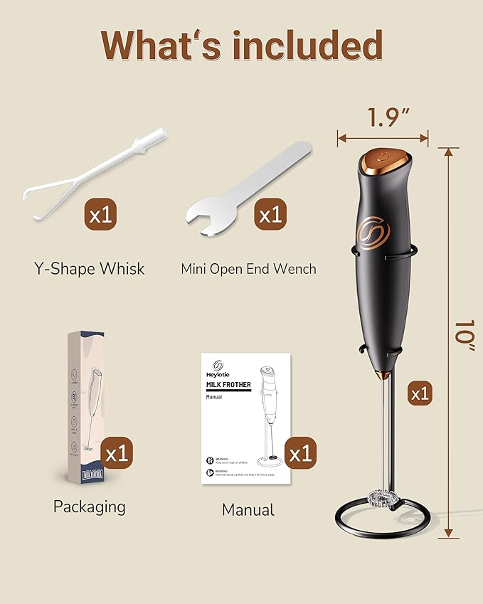 Heylotie Milk Frother With Stand Milk Frother Wand Coffee Frother Handheld Drink Mixer Handheld with 2 Whisks Electric Whisk Stirrers Electric Frother for Coffee Mixer Wand Milk Foamer-Black/Copper