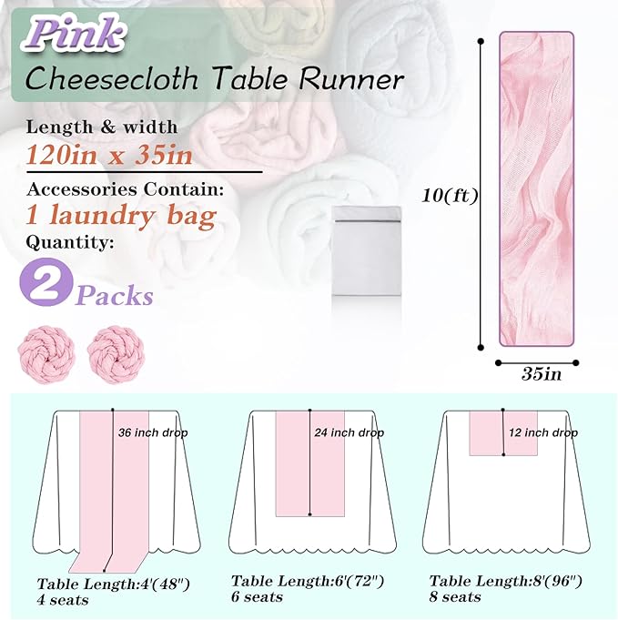 Pink Cheesecloth Table Runner 2 Pack 35" Boho Gauze Runner 120 inches Long Runner Rustic Sheer Fabric Bulk for Boho Baby Shower Wedding Bridal Birthday Party Table Decorations