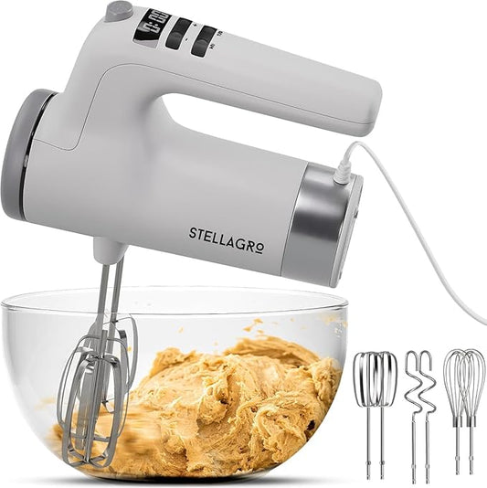 Stellagro 9 Speed Electric Handheld Mixer with Stainless Steel Whisk Beater Attachments & Snap Storage Case, Compact Lightweight 350 W Powerful hand held mixer for Baking & Cooking, White