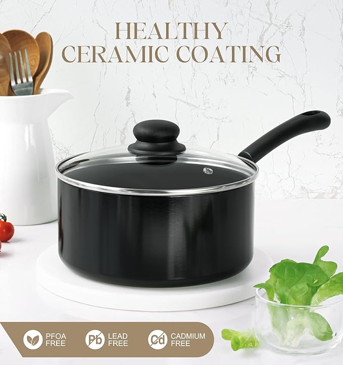 MICHELANGELO Nonstick 3 Quart Saucepan with Lid, Ceramic Small Sacuce pan with Steamer, Easy to Clean, Non-Toxic Saucepan, 3QT with Steamer, Black