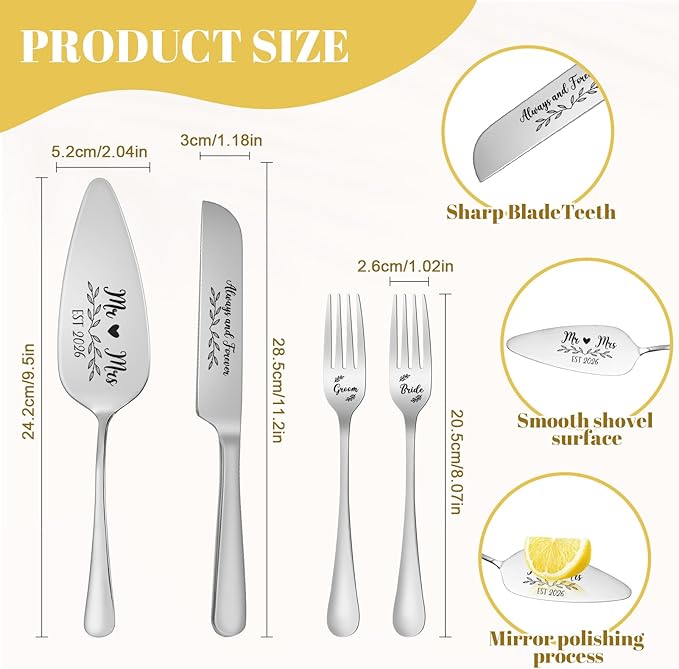 Wedding Cake Knife and Server Set, 4 Pack Stainless Steel Cake Cutting Knife, Slicer and Forks Server for Wedding, Anniversary, Birthday(Silvery)