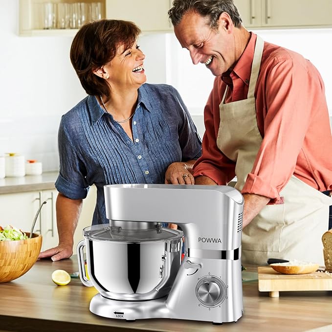 POWWA 7.5 Quart Electric Mixer, 6+1 Speed 660W Tilt-Head Kitchen Food Mixers with Whisk, Dough Hook, Mixing Beater & Splash Guard for Baking, Cake, Cookie (Silver)