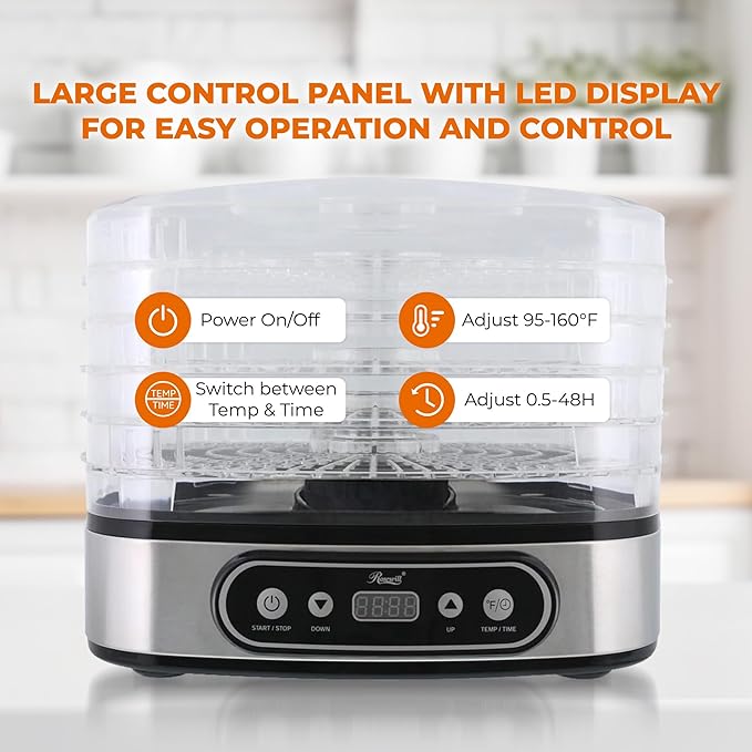Rosewill Essential Food Dehydrator, 5 Stackable Trays with Adjustable 48H Timer and Temperature Control - Electric Food Preserver for Jerky, Fruits, Veggies, Meat & Dog Treats, Large capacity