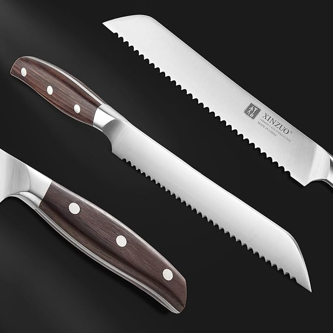 XINZUO 8 Inch Serrated Bread Knife for Homemade Bread Sourdough,German Stainless Steel,Multifunction Bread Cutting Knife with Red Sandalwood Handle