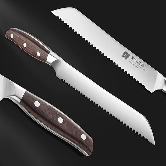 XINZUO 8 Inch Serrated Bread Knife for Homemade Bread Sourdough,German Stainless Steel,Multifunction Bread Cutting Knife with Red Sandalwood Handle