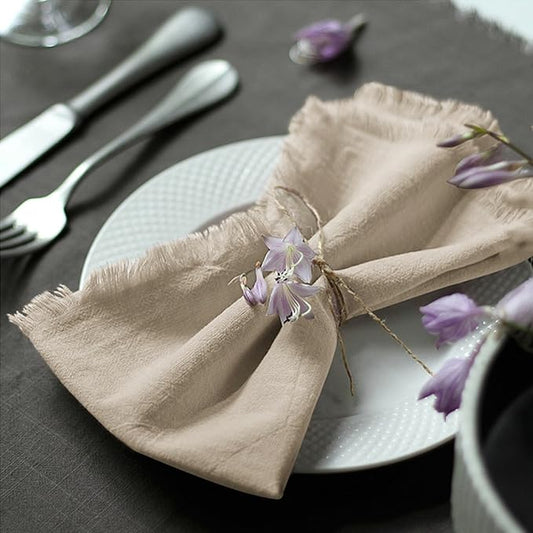 Handmade Cloth Napkins 100% Cotton Napkins with Fringe，Delicate Handmade Cloth Napkins for Dinners, Parties, Weddings and More，18 x 18 Inch Set of 4 - Beige