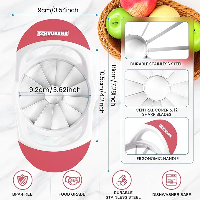 SCHVUBENR 3.5 Inch Apple Slicer with 12 Sharp Blades - Professional Apple Cutter - Stainless Steel Apple Corer - Super Sharp Apple Slicer and Corer - Slice Apple with Ease(Pink)
