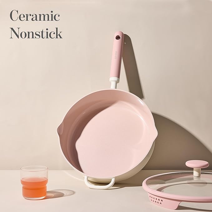 CAROTE 11 Inch Nonstick Deep Frying Pan with Lid, 5 Qt Chef Saute Pan with Pour Spout, Skillet Induction Cookware, Non Stick Cooking Pan Kitchen Pan, Healthy & PFOA/PFAS Free, Includes Spatula, Pink