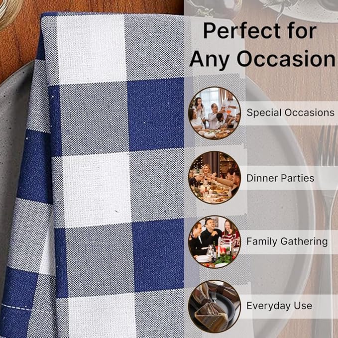 LFH Home 100% Cotton Cloth Reusable Dinner Napkins Set of 12 Washable Soft Decorative Buffalo Plaid Gingham and Checkered Table Napkins for Holidays Wedding Farmhouse Decor 18x18 Inch - Blue & White