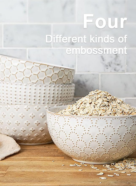 LE TAUCI Cereal bowls 26 oz, Ceramic Soup Bowl for Kitchen, Embossment Stoneware Bowl for Pho, Chip, Fruits, Salad, Noodle, Ramen, Suit For Housewarming - 6 Inch, Set of 4, Arctic white