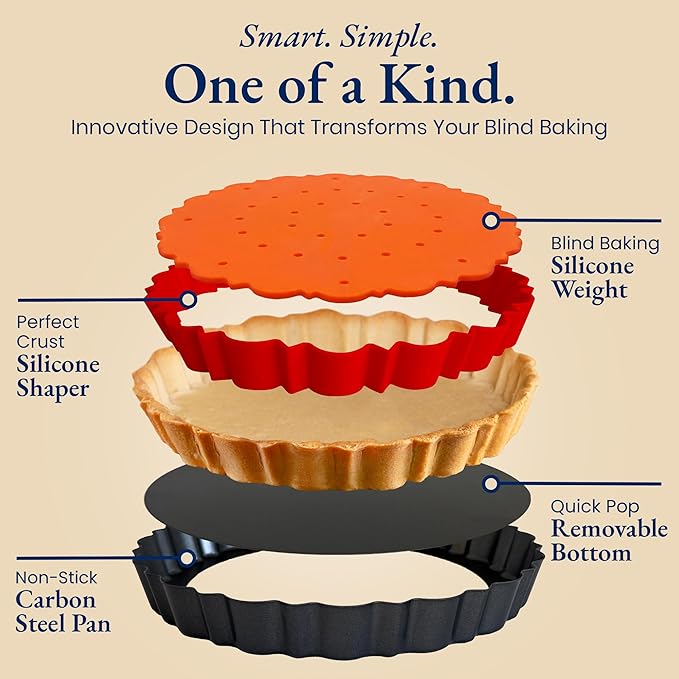 Patz&Patz All-in-One Fluted Tart Pan 9 Inch Removable Bottom Set with Patented Silicone Crust Shaper & Pie Weight - Quiche Baking Dish & Tart Molds for Baking Fruit Tarts, Pies & Quiches