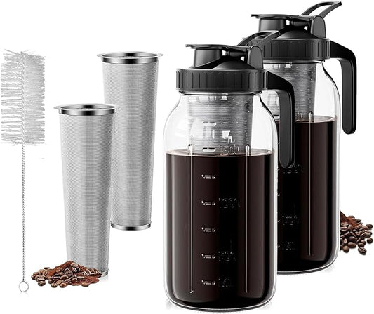 Scidea Cold Brew Coffee Maker, 2 Packs 64oz Mason Jar Pitcher with Durabel Glass & Stainless Steel Mesh Filter, Leak-Proof Glass Pither with Pour Spout Lid