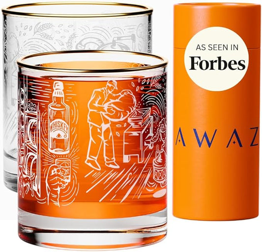 AWAZ Whiskey Glasses – Set of 2, Engraved with Whiskey-Making Process, 24k Gold Rim – 11oz Scotch, Bourbon Lovers Glass – Best Gift - Men, Dad, Husband, Coworker – Holiday, Birthday, Retirement