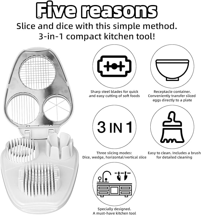 3-in-1 Egg Slicer for Hard Boiled Eggs, 3 Slice Modes Egg Cutter with 5 Cleaning Brushes 3-Way Stainless Steel Dicer Kitchen Chopper Gadget for Butter Mushroom Strawberry Tomato Kiwi Cherry