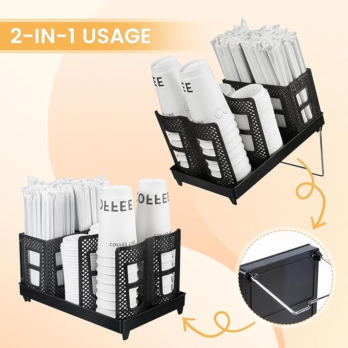 Paper Cup and Lid Holder with Straw Organizer, Coffee Cup Holder for Countertop Coffee Station, Bar, Kitchen, Office Black