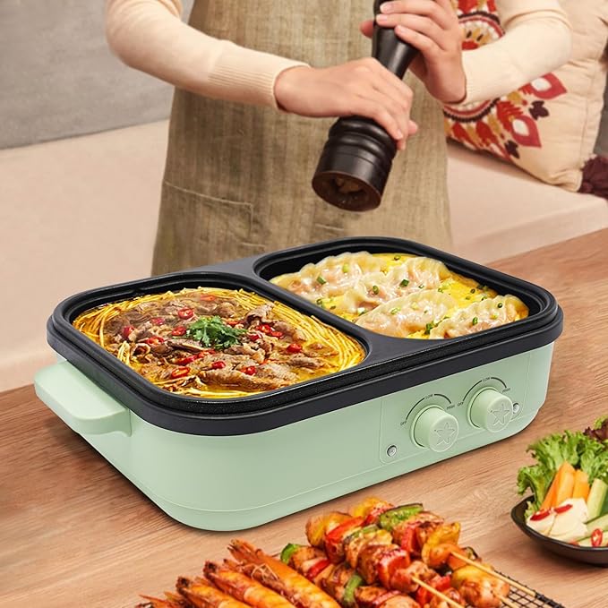 Electric Hot Pot with Grill, 2-in-1 1300W Non-Stick Pot - Dual Temperature Control, Lightweight & Compact, Fast Heating for Korean BBQ, Frying, Grilling Steak (Green)