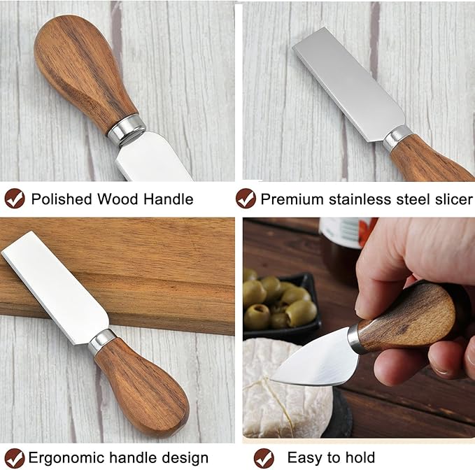 4 Piece Cheese Knife Set,Cheese Knives Wood Handle Stainless Steel Slicer Spreading Cheese Knife Gift Set for Charcuterie anCheese spread, Perfect for Cheese Slicer and Butter Cutter