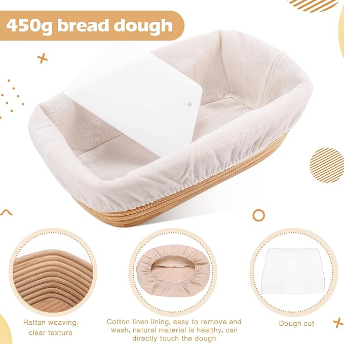 Nuogo 4 Pieces 10 Inch Bread Banneton Proofing Basket Rattan Banneton Dough Proofing Bowls with Liners and Scatters for Home Sourdough Baking (Rectangle)