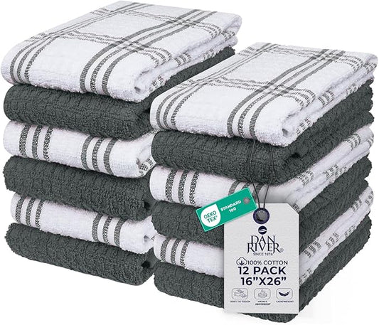 DAN RIVER Premium Kitchen Towels - [Pack of 12] 100% Cotton (16x 26 Inches) -Super Soft,Highly Absorbent, Quick Dry, Dish Towels for Kitchen Towels -Grey
